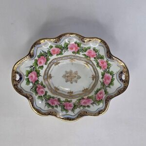 Antique Nippon IE&C Co Hand Painted 4-Footed Porcelain Bowl Cobalt Pink Roses 9"